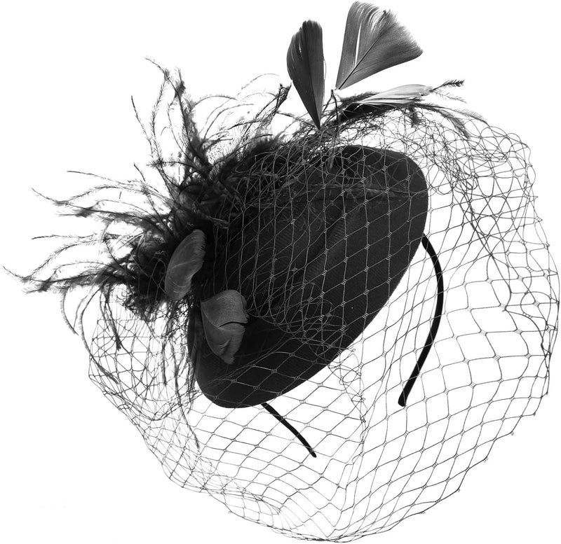 DRESHOW قبعة فاسيناتور مزينة بالريش مع رباط رأس للنساء، قبعات حفلات الشاي مع مشبك وزهرة لرأس الفتيات والنساء - Image 2